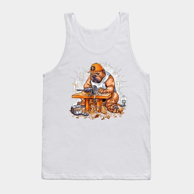 A Carpenter English Bulldog with a saw and sandpaper, carving a wooden sculpture of itself Tank Top by teestore_24